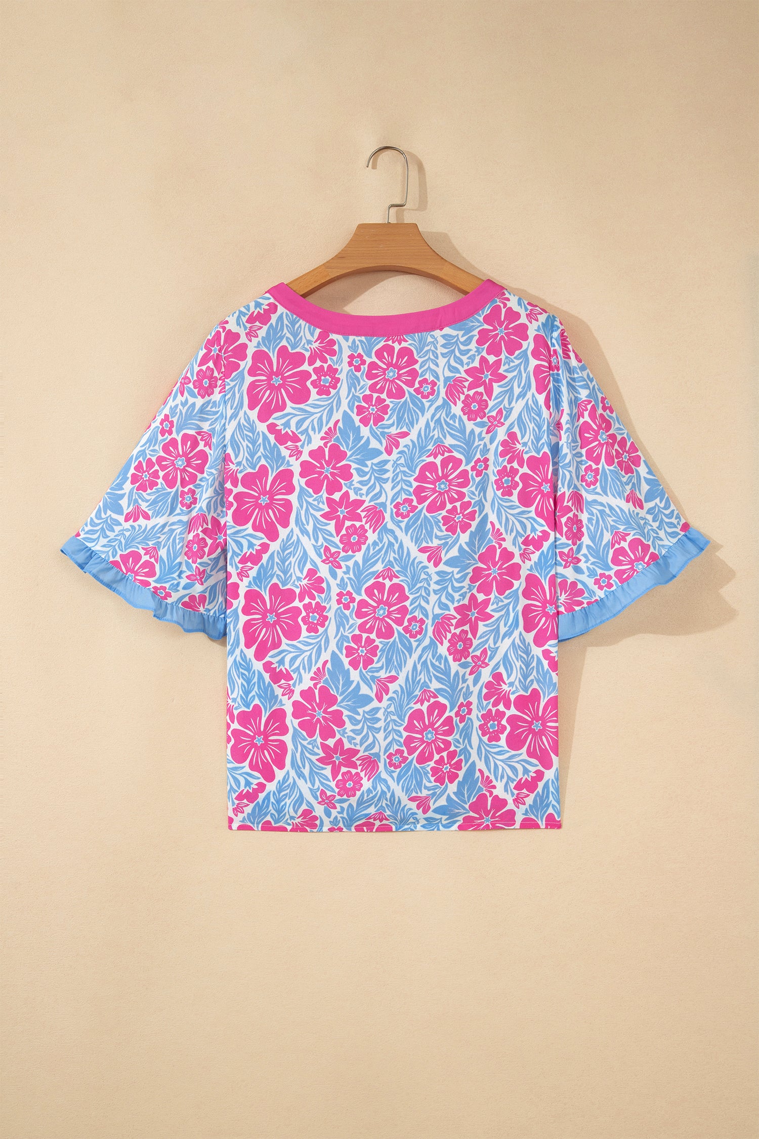 Rose Floral Print Ruffled Color Block Trim Half Sleeve Blouse