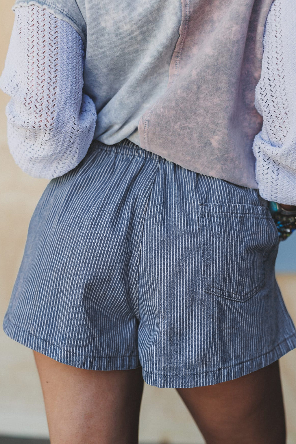 Pink Stripe Drawstring Elastic Waist Casual Denim Shorts