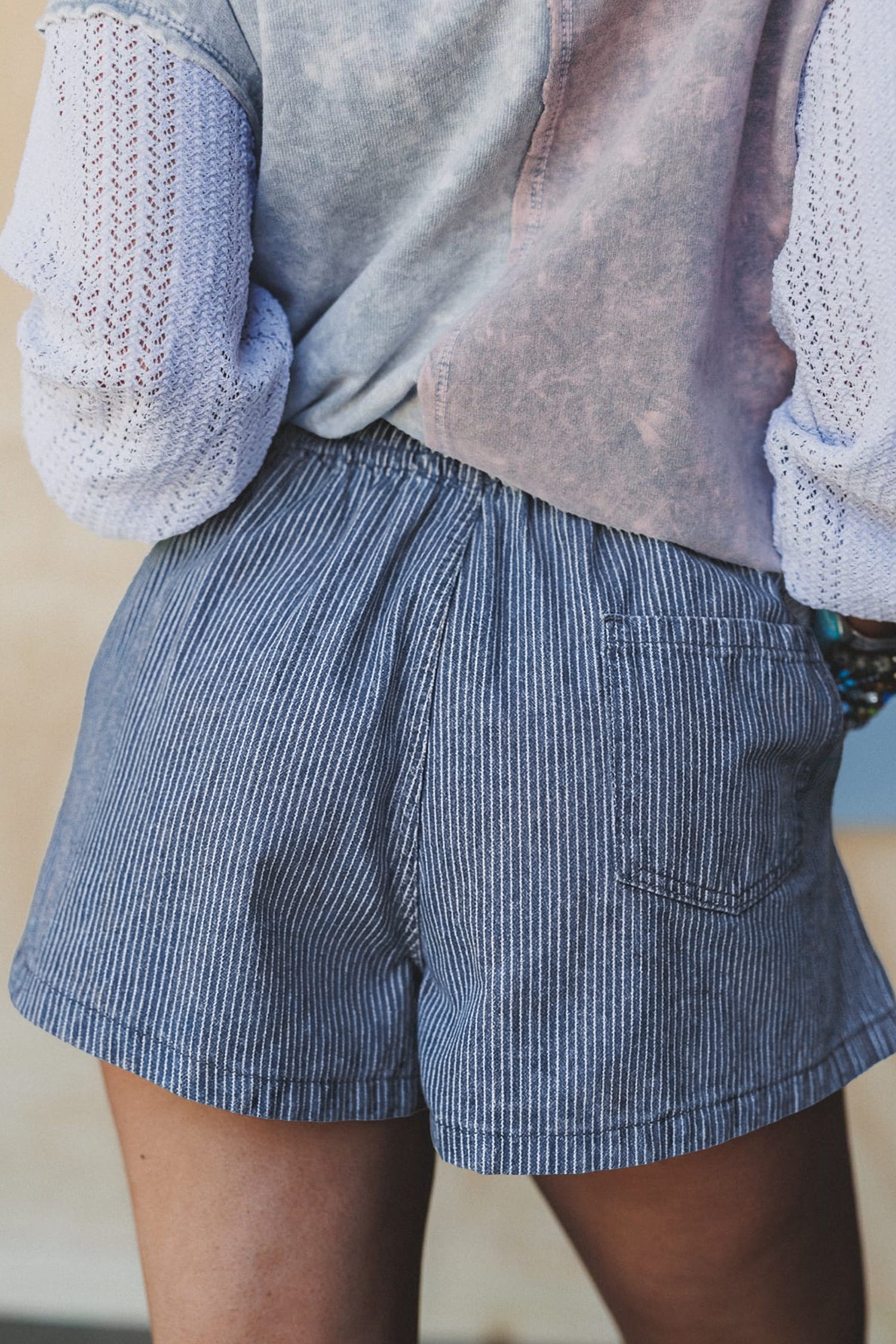 Pink Stripe Drawstring Elastic Waist Casual Denim Shorts