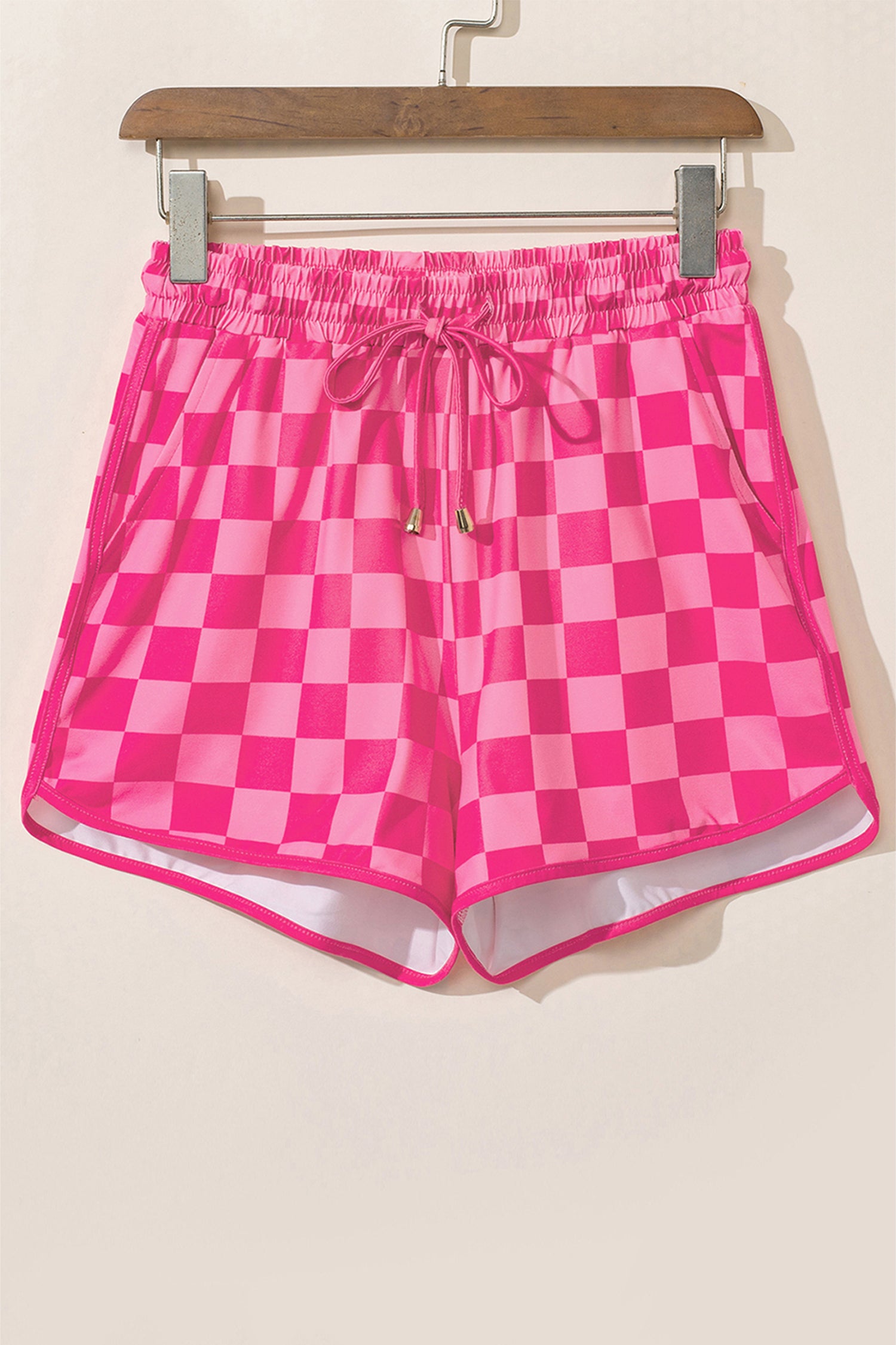 Rose Checkered Drawstring Elastic Waist Casual Shorts