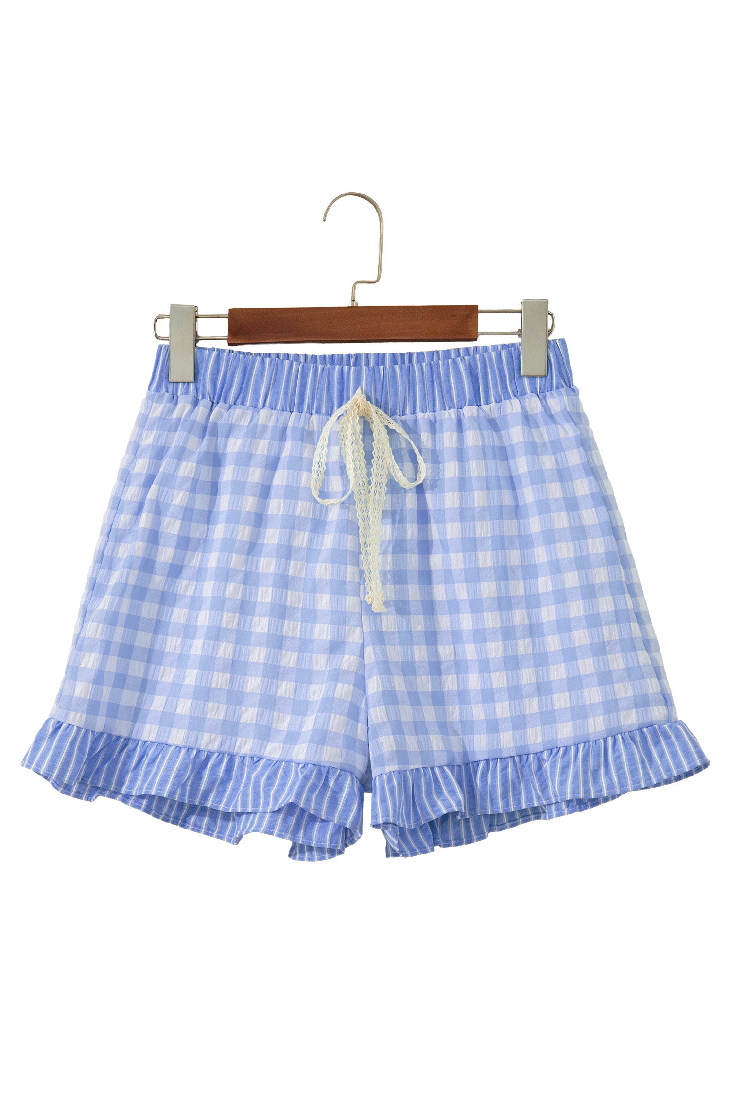 Pink Gingham Print Ruffle Striped Detail Lace Tie Shorts