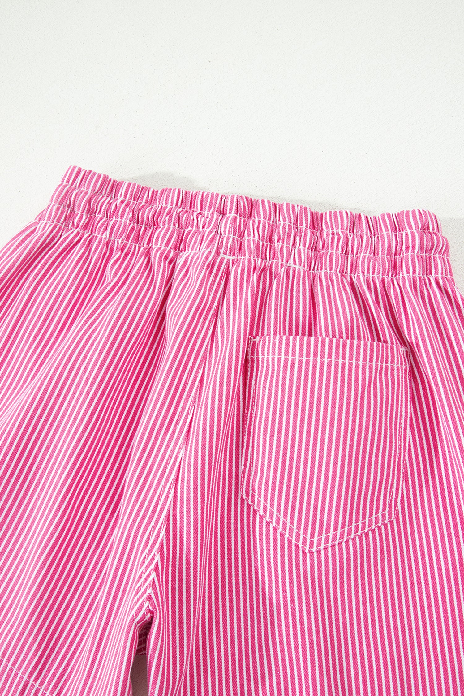 Pink Stripe Drawstring Elastic Waist Casual Denim Shorts