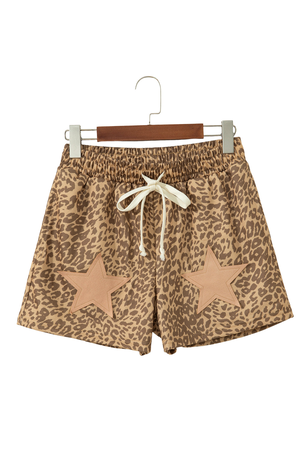 Khaki Leopard Drawstring Elastic Waist Star Patched Shorts