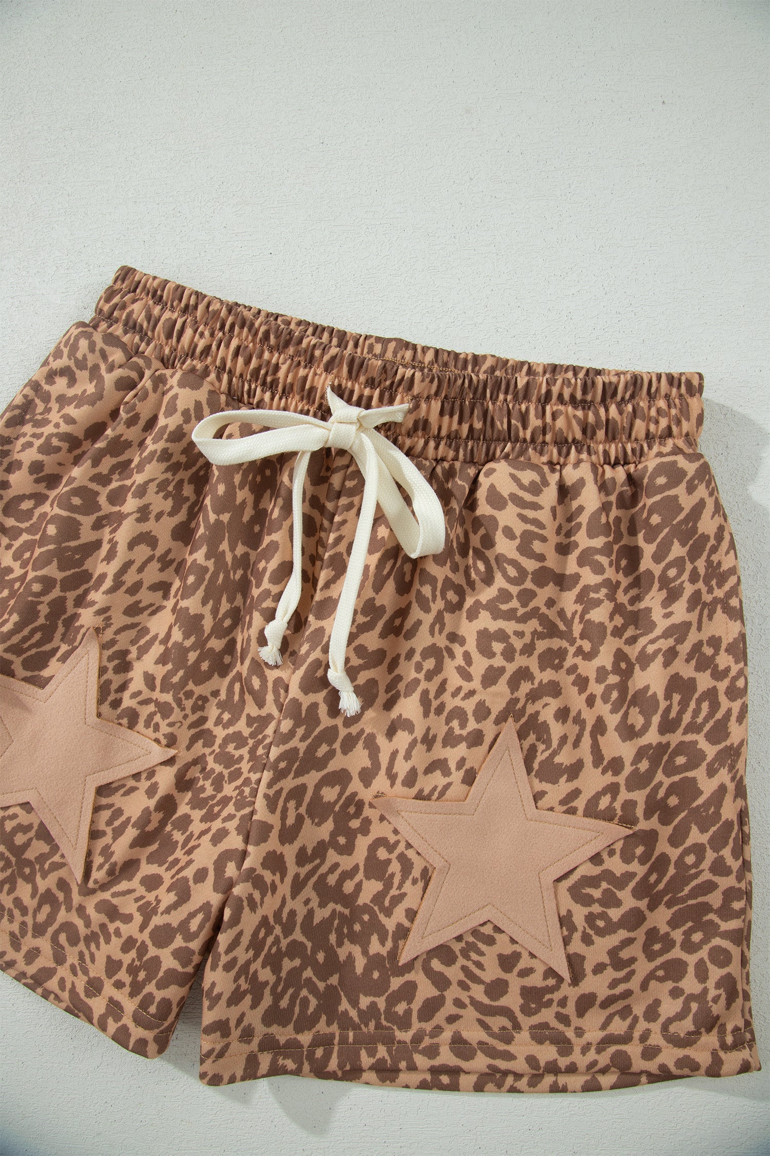 Khaki Leopard Drawstring Elastic Waist Star Patched Shorts
