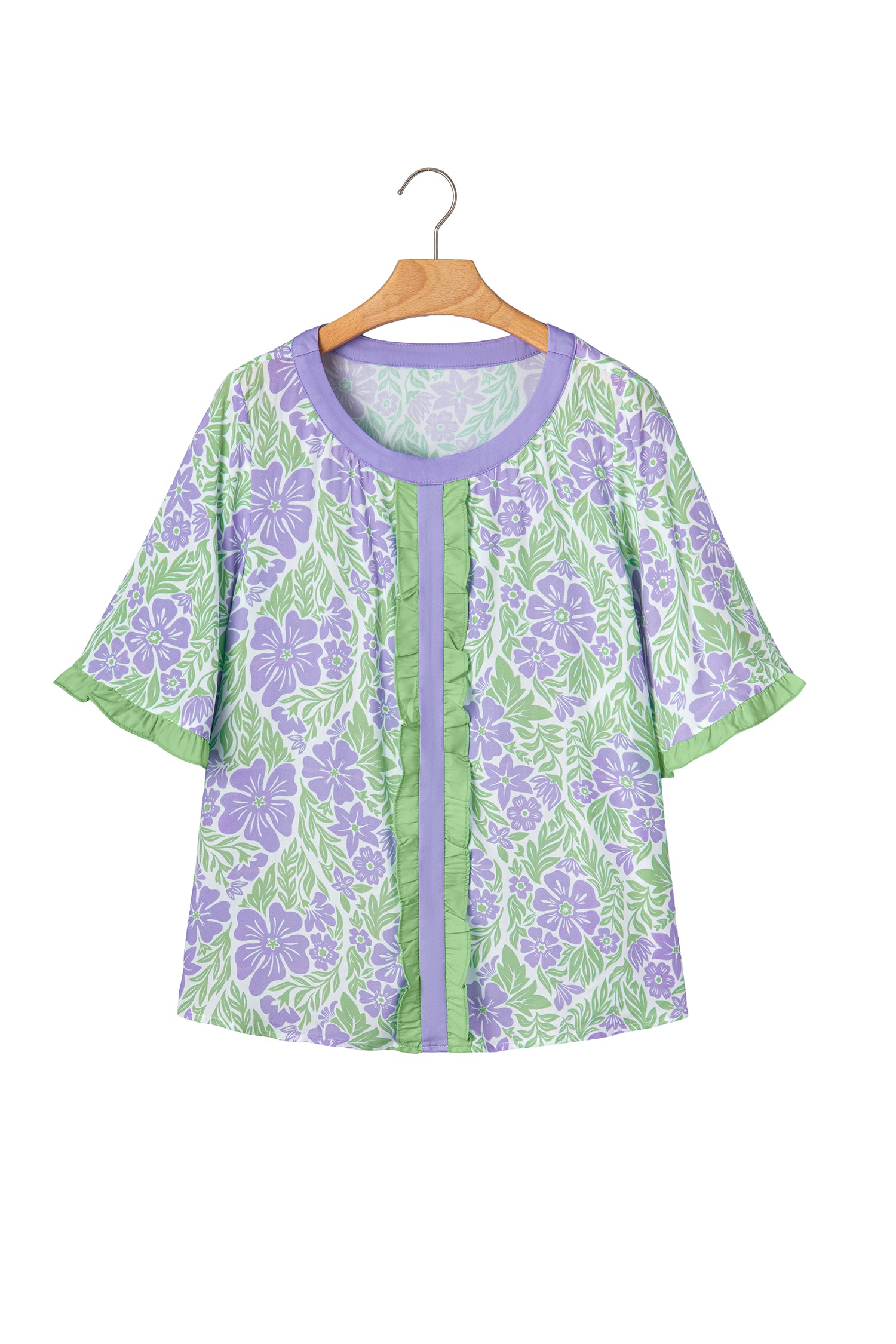 Rose Floral Print Ruffled Color Block Trim Half Sleeve Blouse