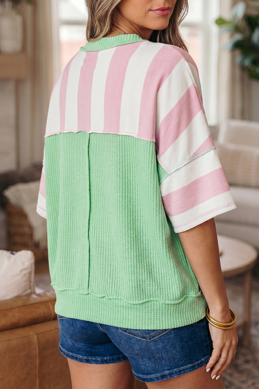 Green Stripe Exposed Seam Ribbed Patchwork Oversized Tee