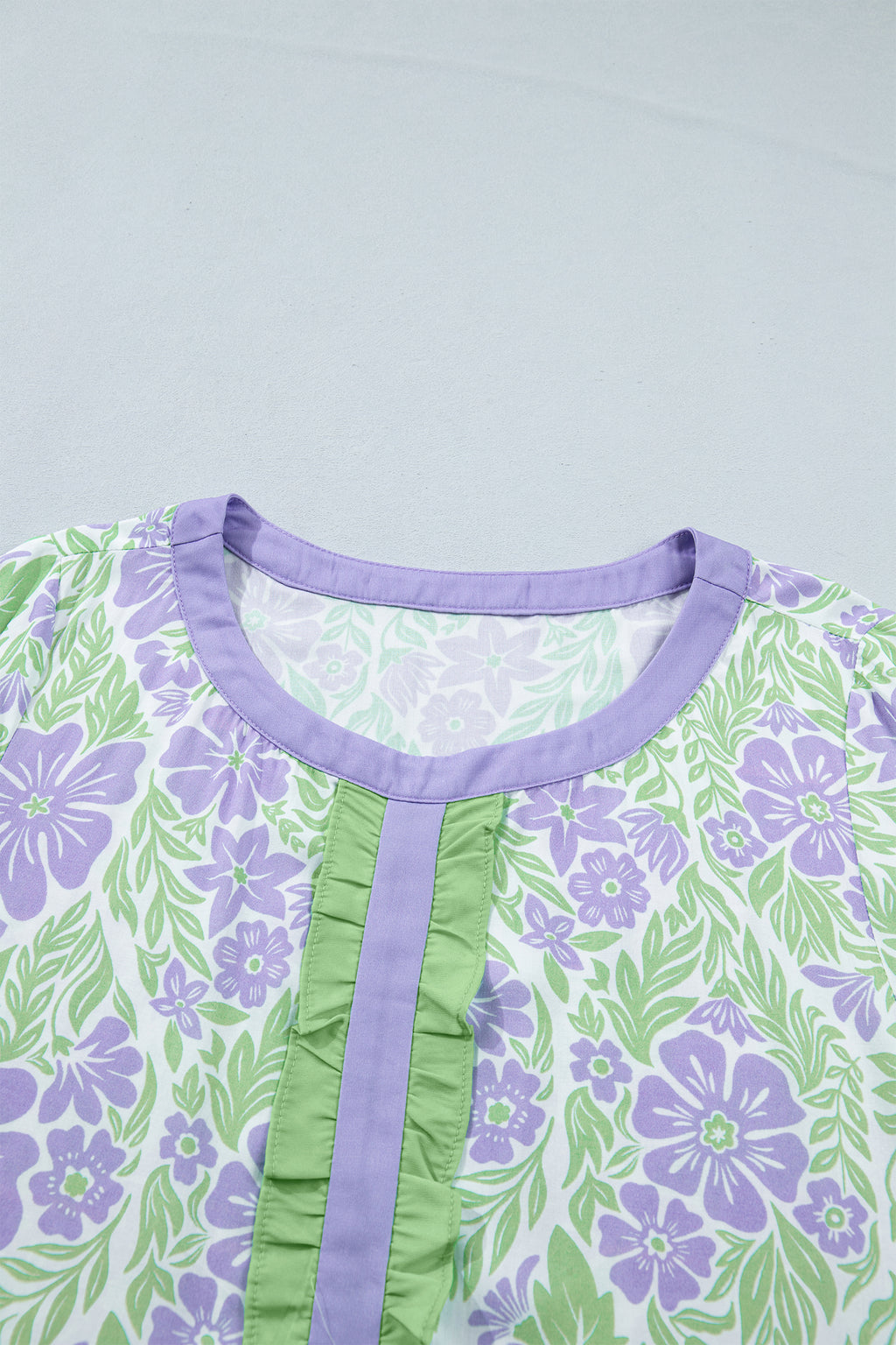 Rose Floral Print Ruffled Color Block Trim Half Sleeve Blouse
