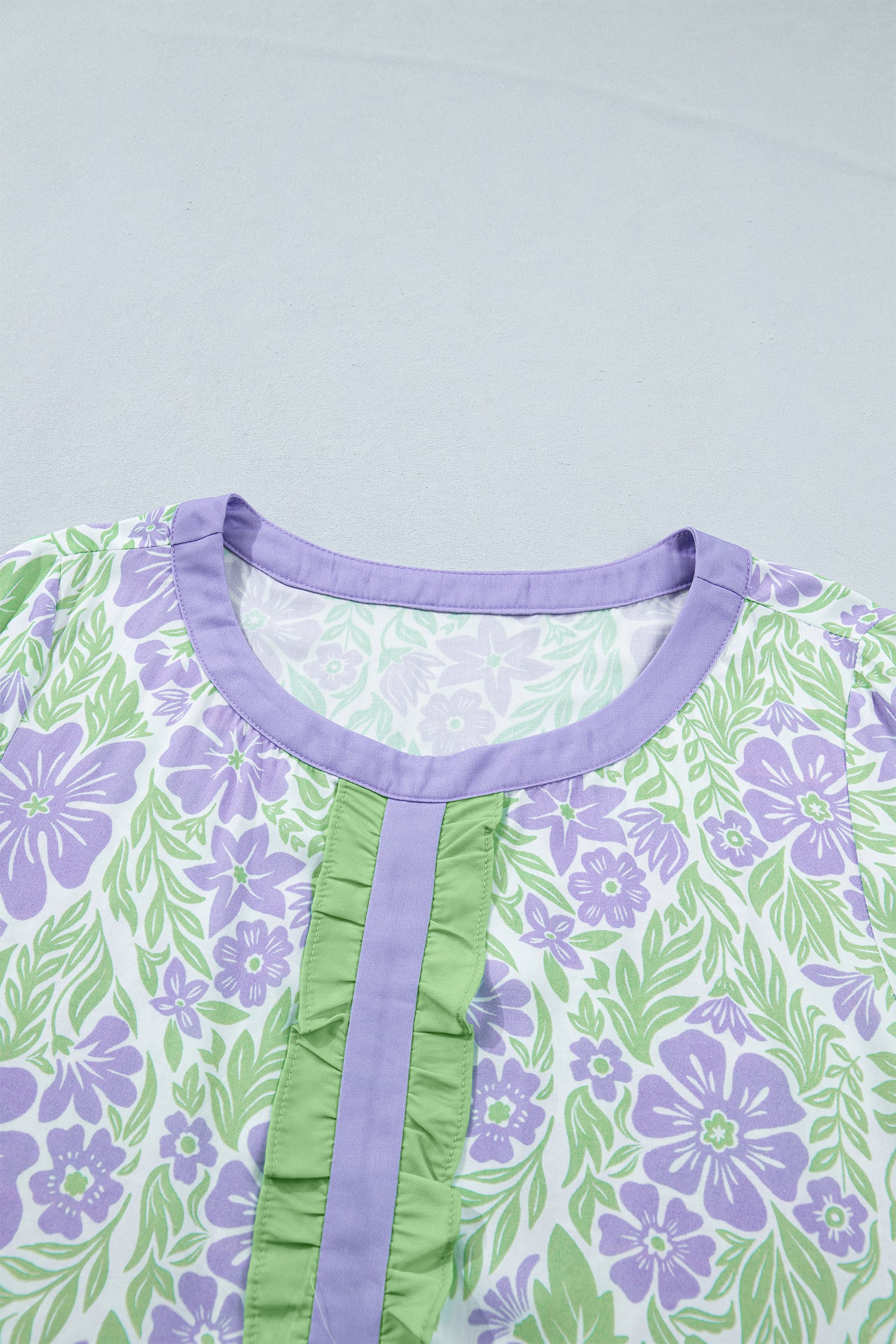 Rose Floral Print Ruffled Color Block Trim Half Sleeve Blouse