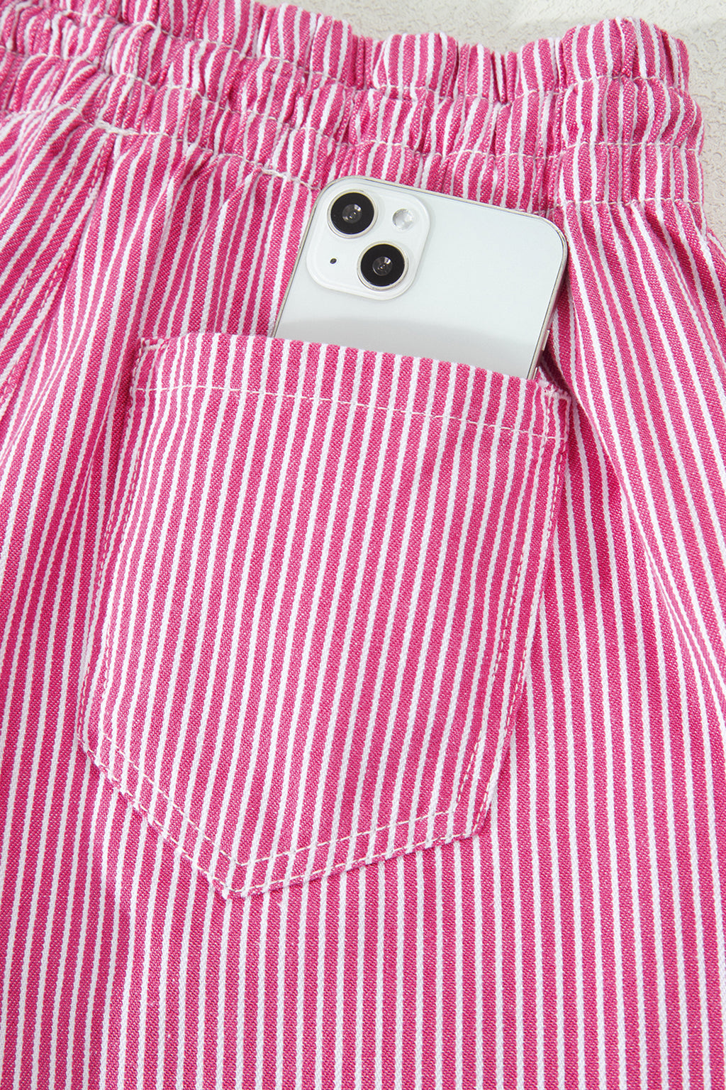 Pink Stripe Drawstring Elastic Waist Casual Denim Shorts