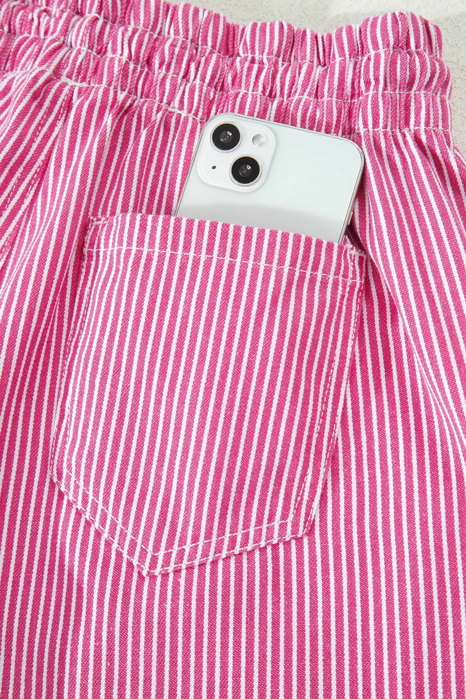 Pink Stripe Drawstring Elastic Waist Casual Denim Shorts