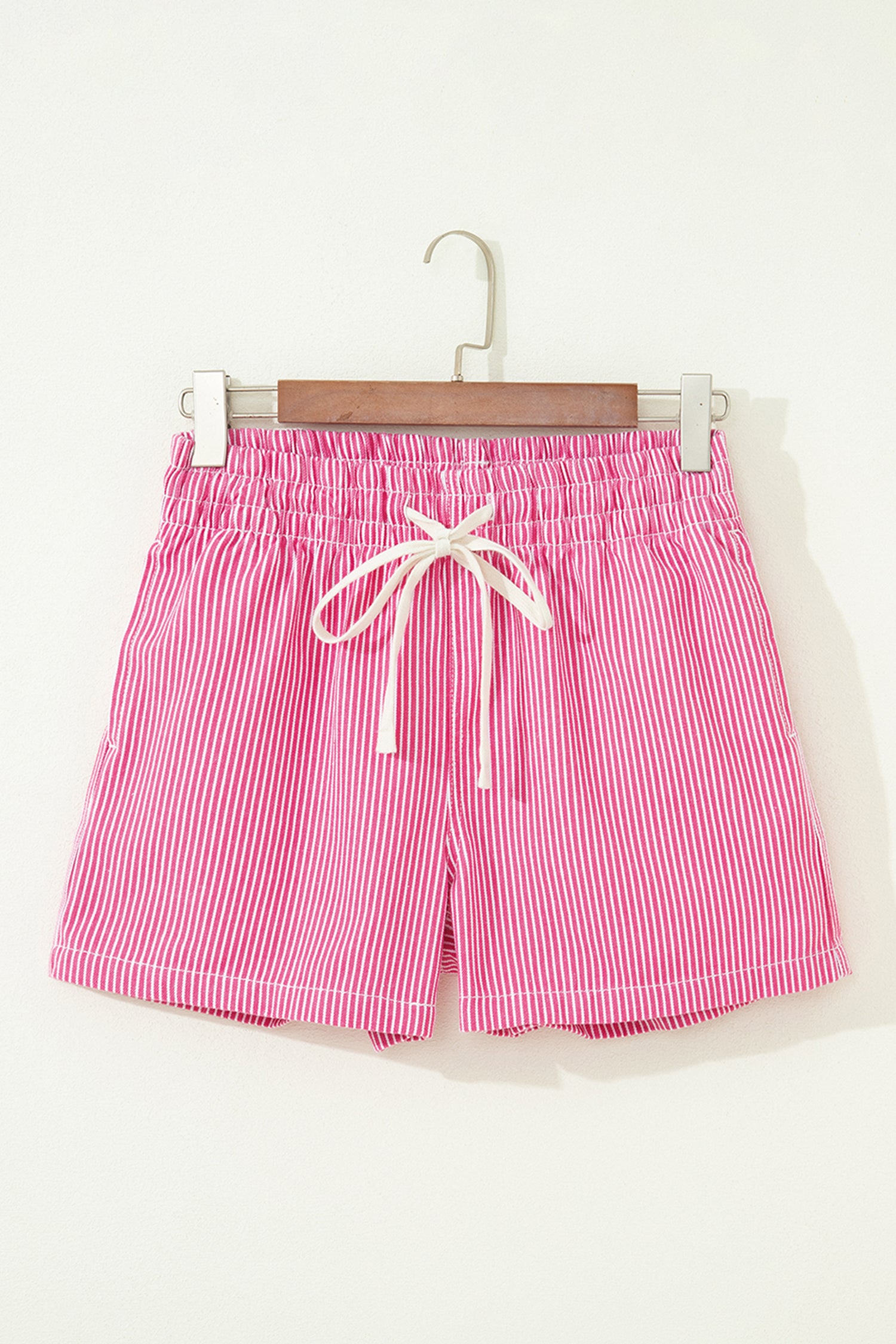 Pink Stripe Drawstring Elastic Waist Casual Denim Shorts