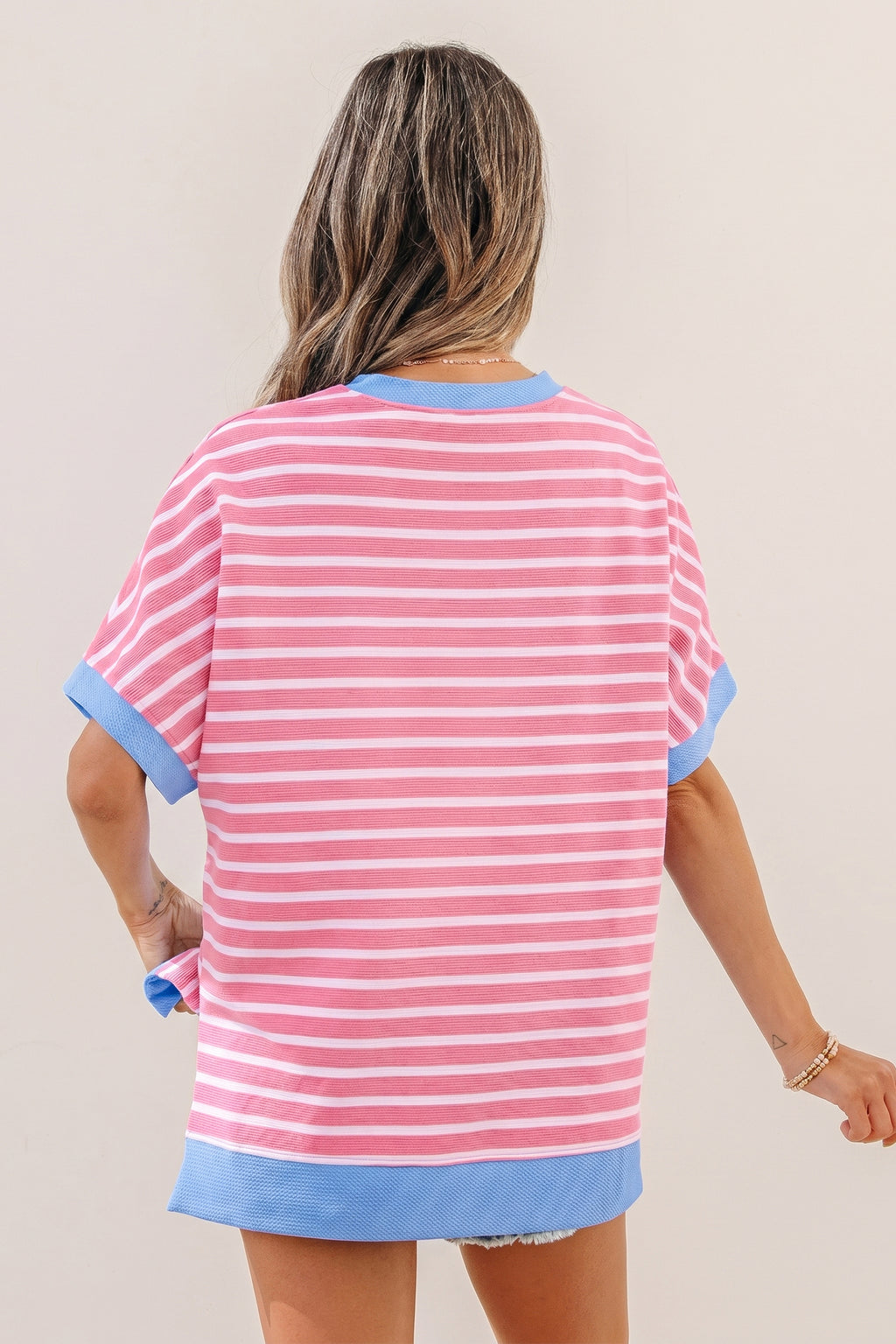 Sky Blue Stripe Contrast Trim Loose Short Sleeve Top