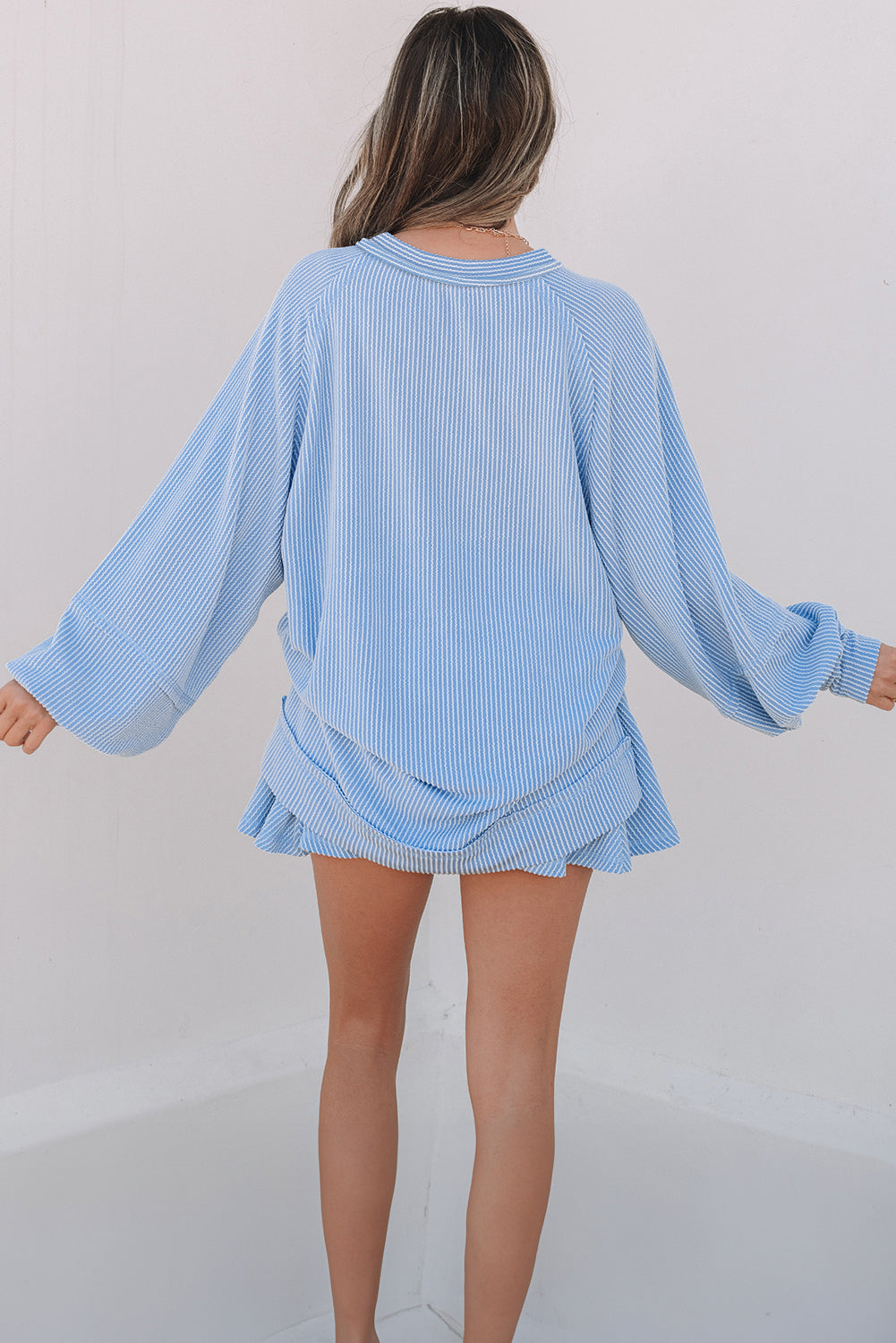 Jet Stream Corded Lantern Sleeve Top High Waist Ruffled Mini Skort Set