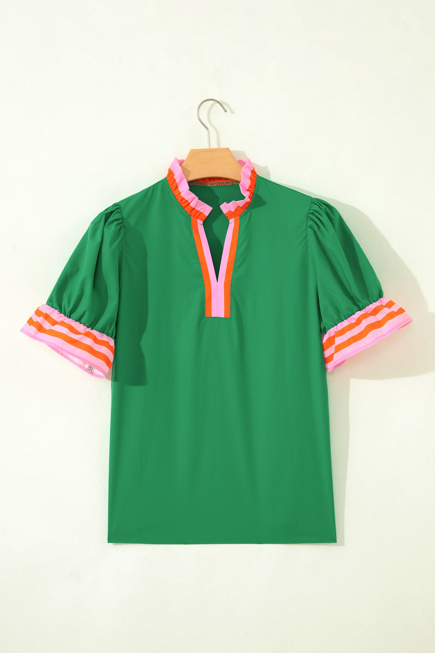 Sky Blue Striped Frilled Collar Ruffled Short Sleeve Blouse