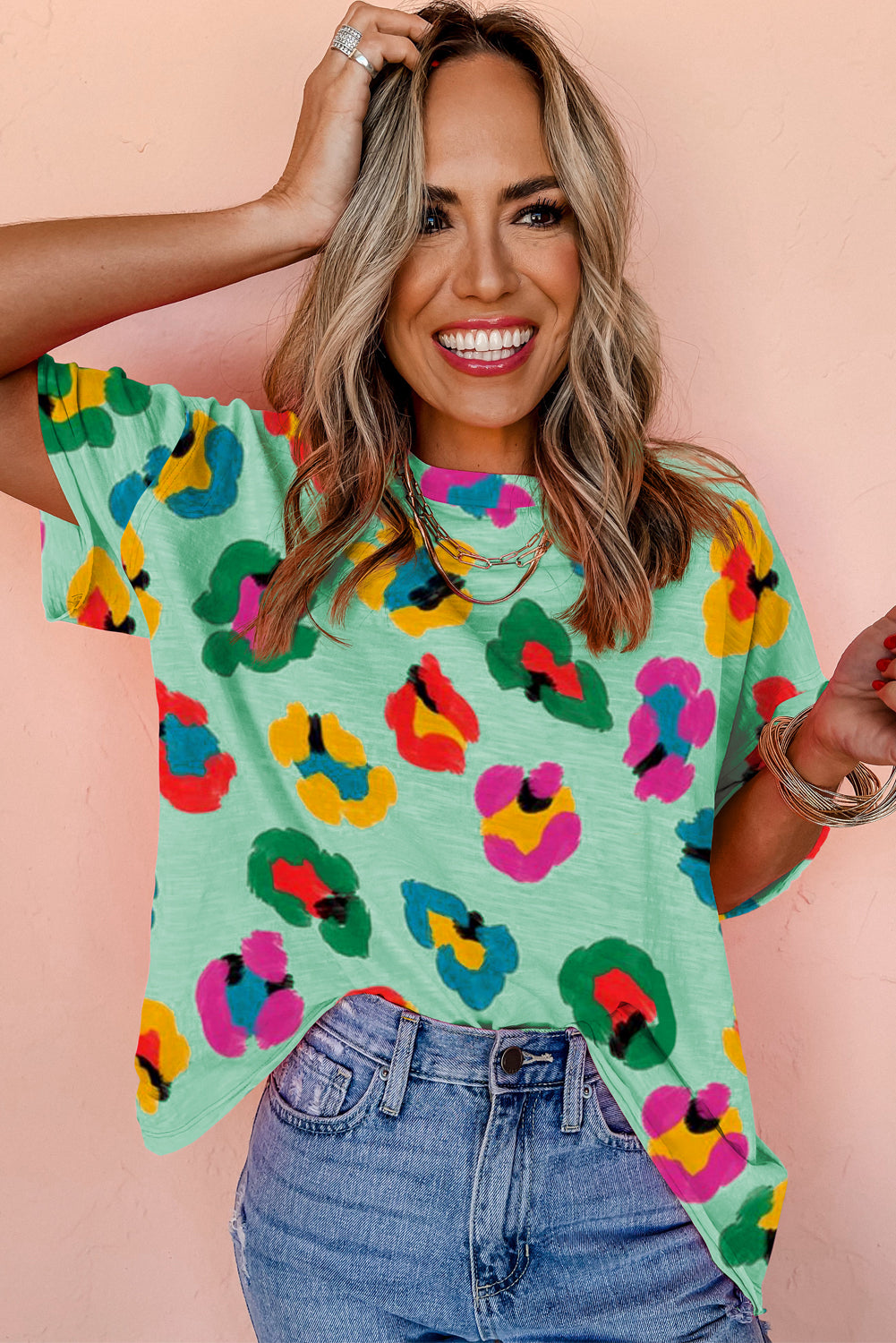 Apricot Leopard Drop Shoulder Oversize Tee