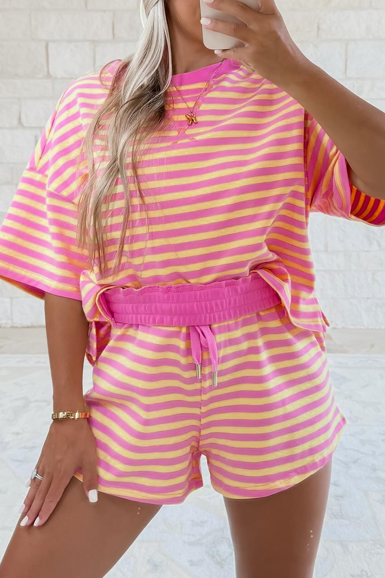 Green Stripe Drop Shoulder Boxy Casual Terry Short Set