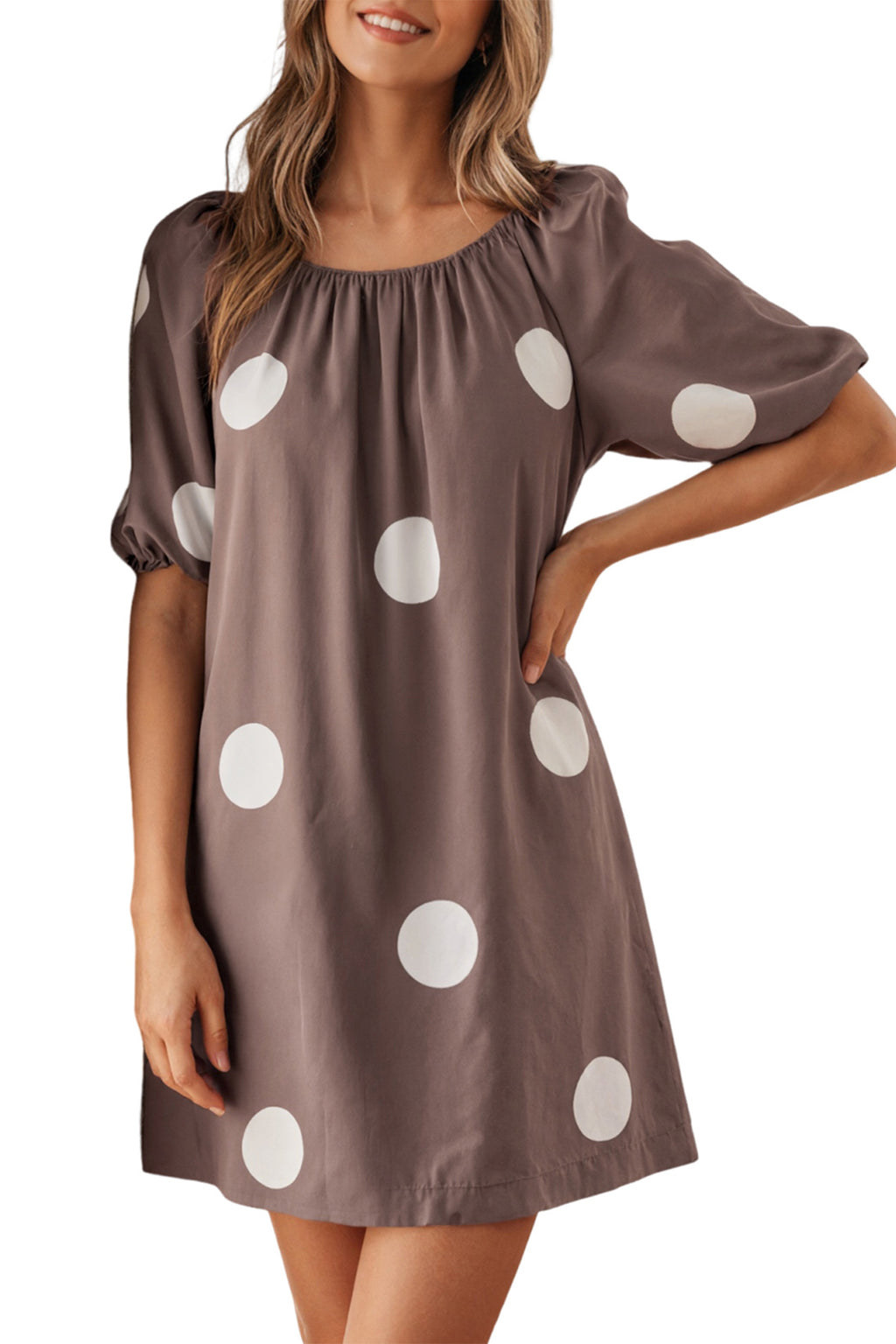 Brown Polka Dot Print Knot Back Short Puff Sleeve Loose Mini Dress
