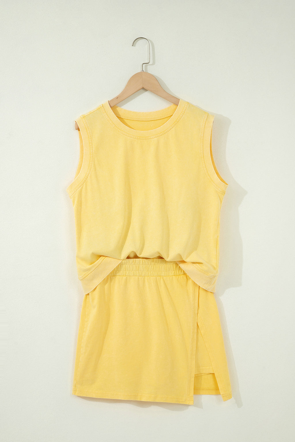 Light Pink 2 Pieces Mineral Wash Cotton Tank Top Lined Split Skirt Set