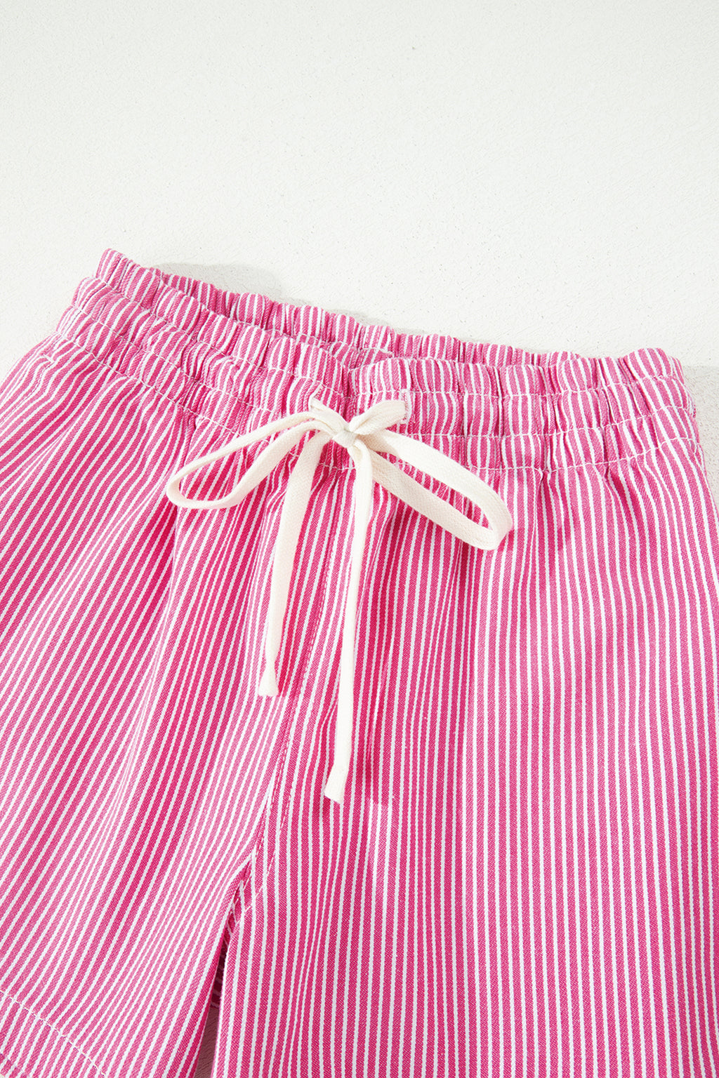 Pink Stripe Drawstring Elastic Waist Casual Denim Shorts