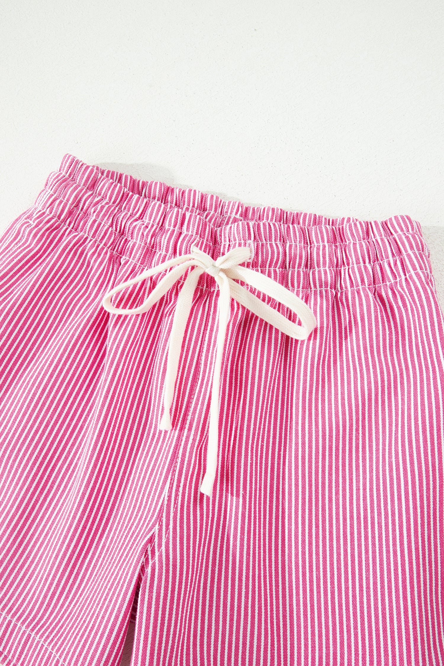 Pink Stripe Drawstring Elastic Waist Casual Denim Shorts