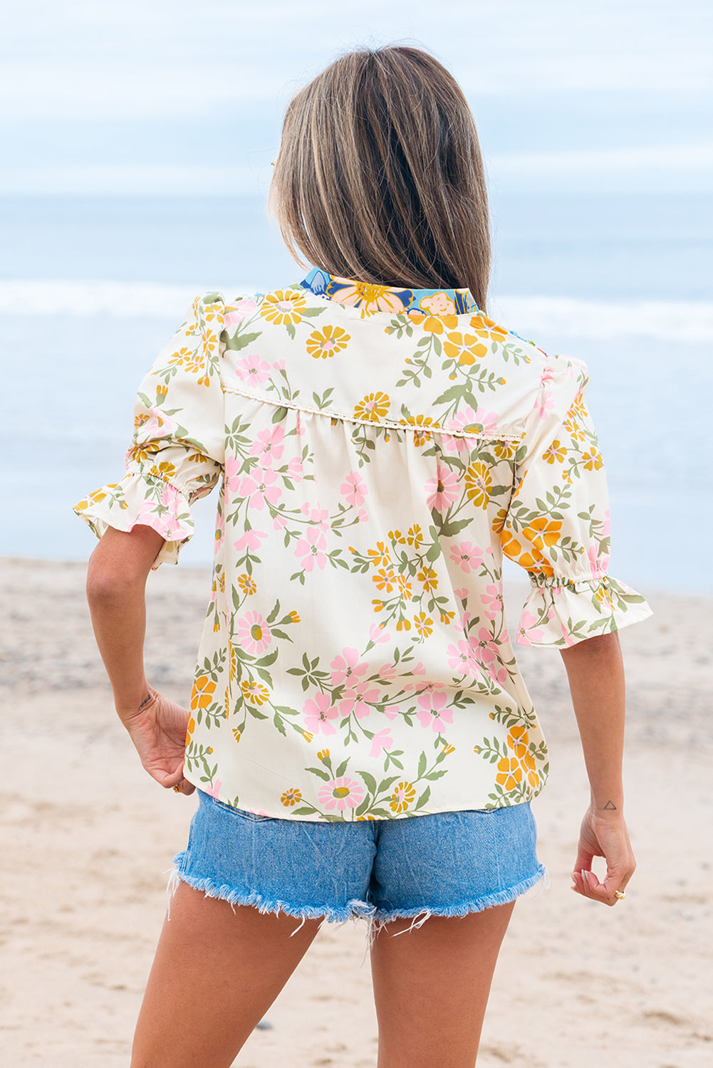 Multicolour Crochet V Neck Half Sleeve Boho Floral Blouse