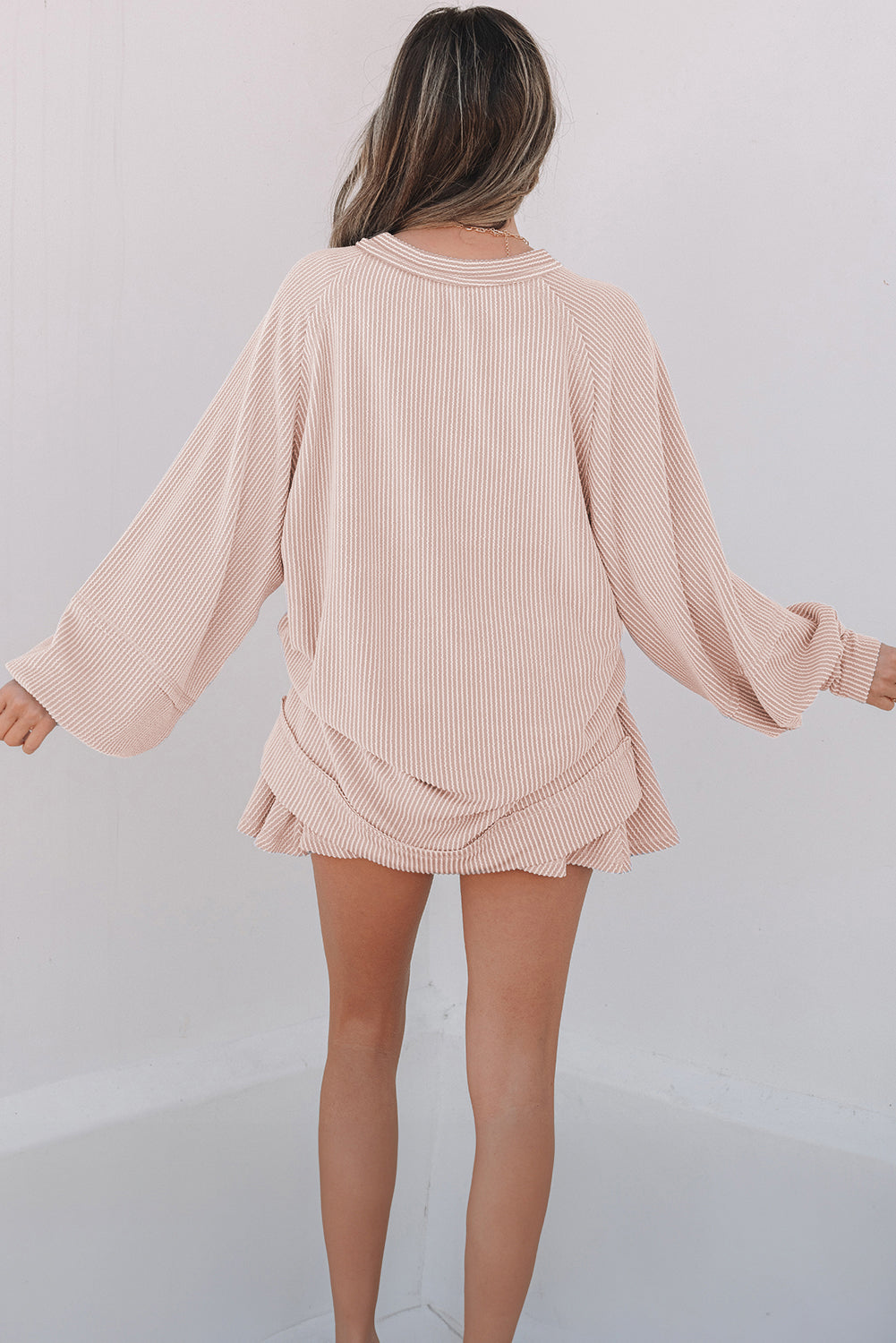 Jet Stream Corded Lantern Sleeve Top High Waist Ruffled Mini Skort Set