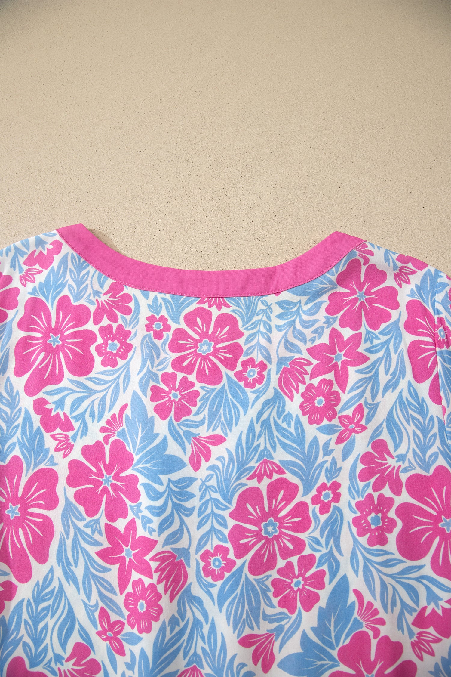 Rose Floral Print Ruffled Color Block Trim Half Sleeve Blouse