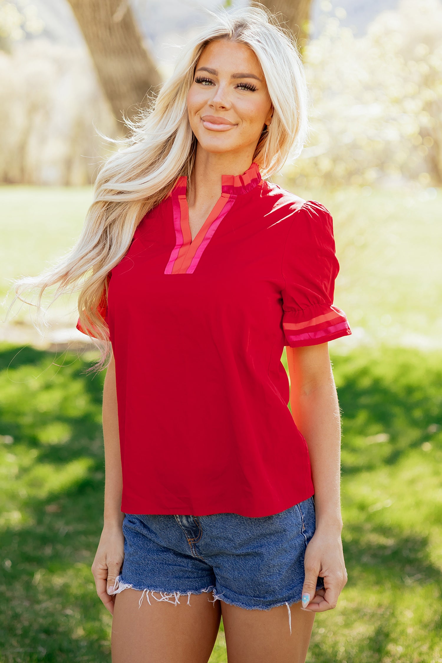 Sky Blue Striped Frilled Collar Ruffled Short Sleeve Blouse