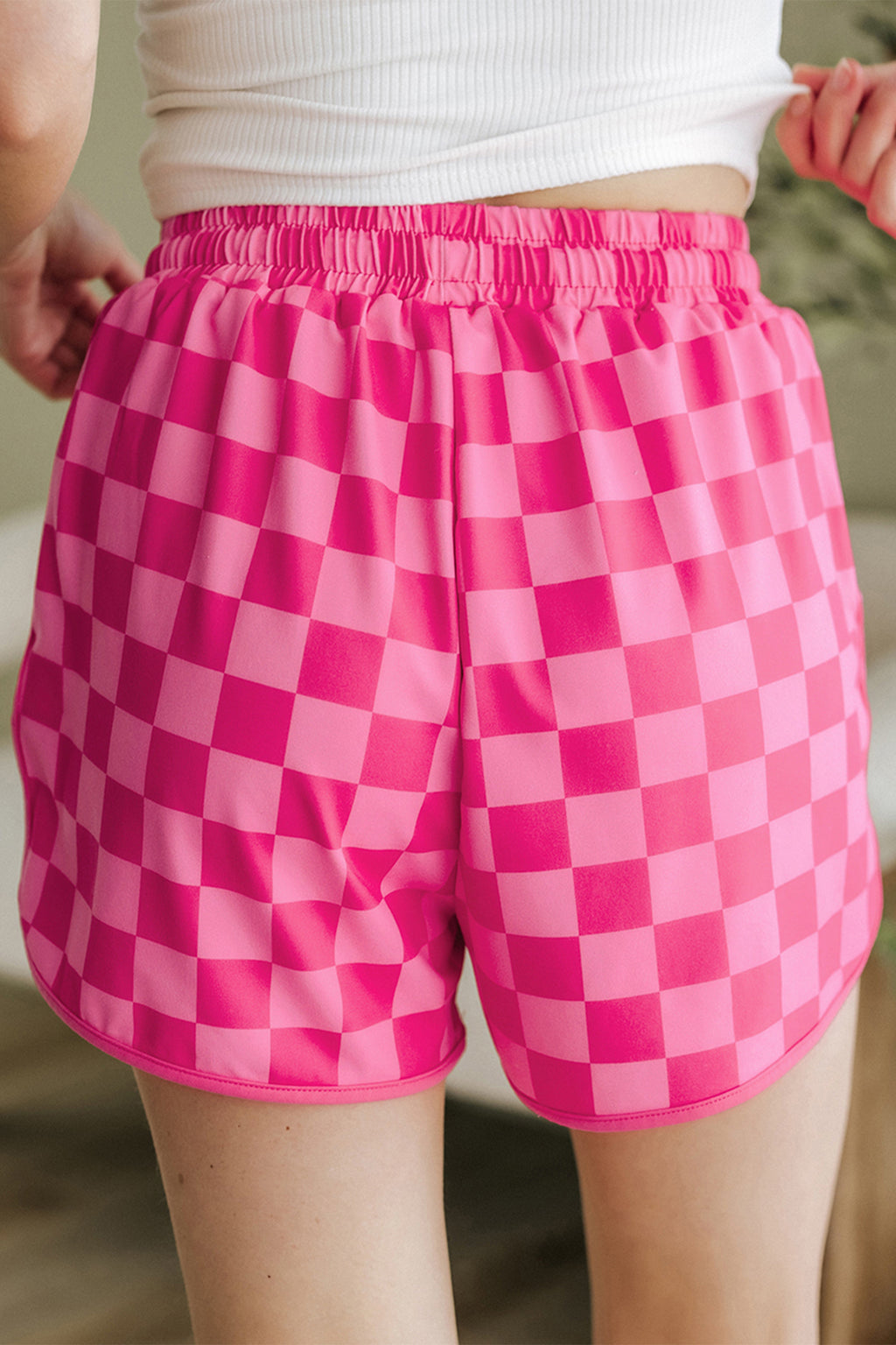 Rose Checkered Drawstring Elastic Waist Casual Shorts