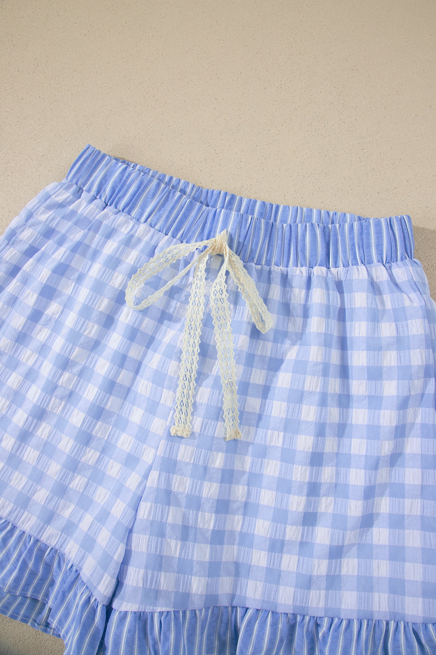 Pink Gingham Print Ruffle Striped Detail Lace Tie Shorts