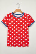 Red Stars Print Colorblock Binding Tape Collar Cuff Viscose Tunic Top