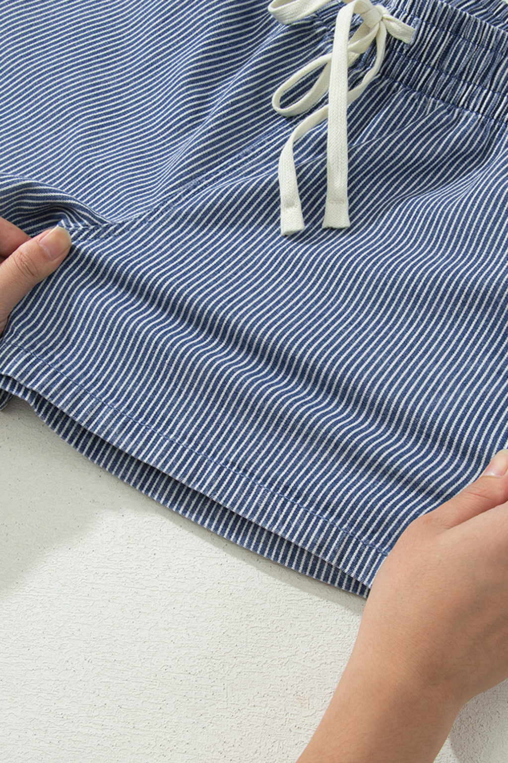 Pink Stripe Drawstring Elastic Waist Casual Denim Shorts
