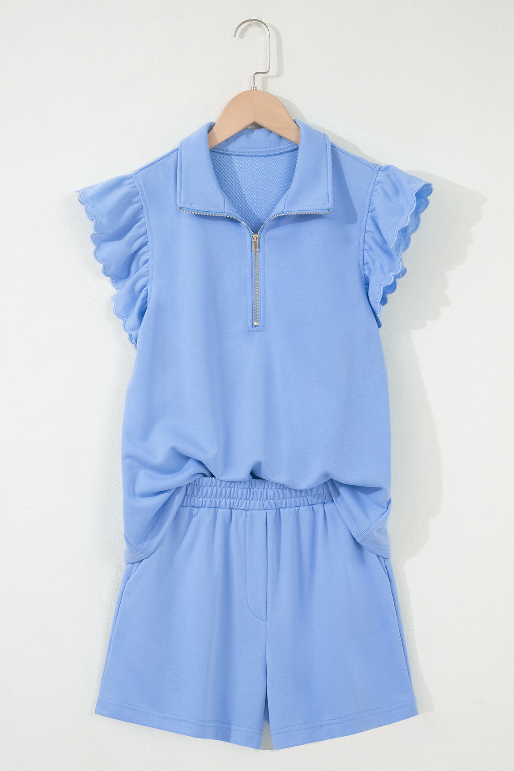 Sky Blue Half Zipped Ruffled Short Set
