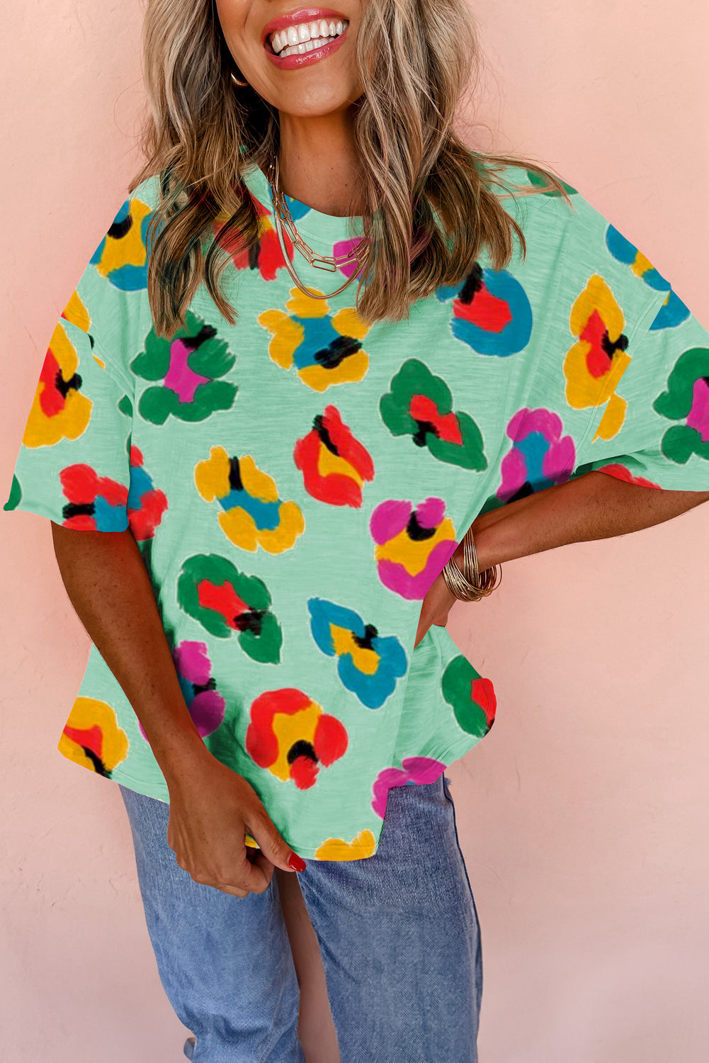Apricot Leopard Drop Shoulder Oversize Tee