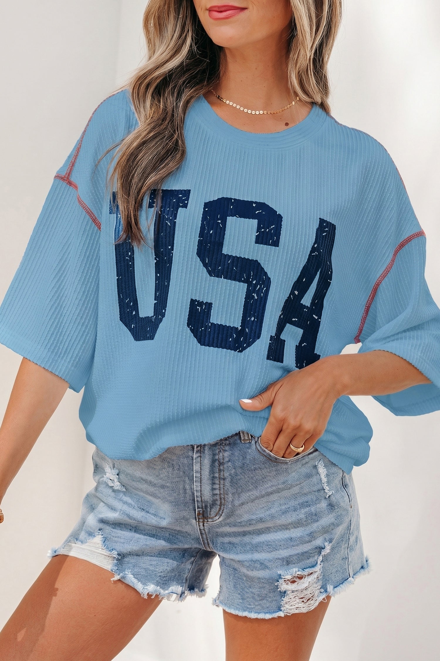 Fiery Red USA Graphic Half Sleeve Loose Ribbed Top