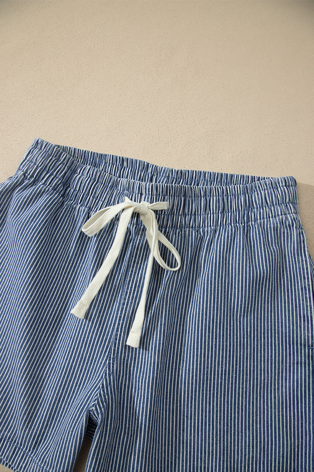 Pink Stripe Drawstring Elastic Waist Casual Denim Shorts