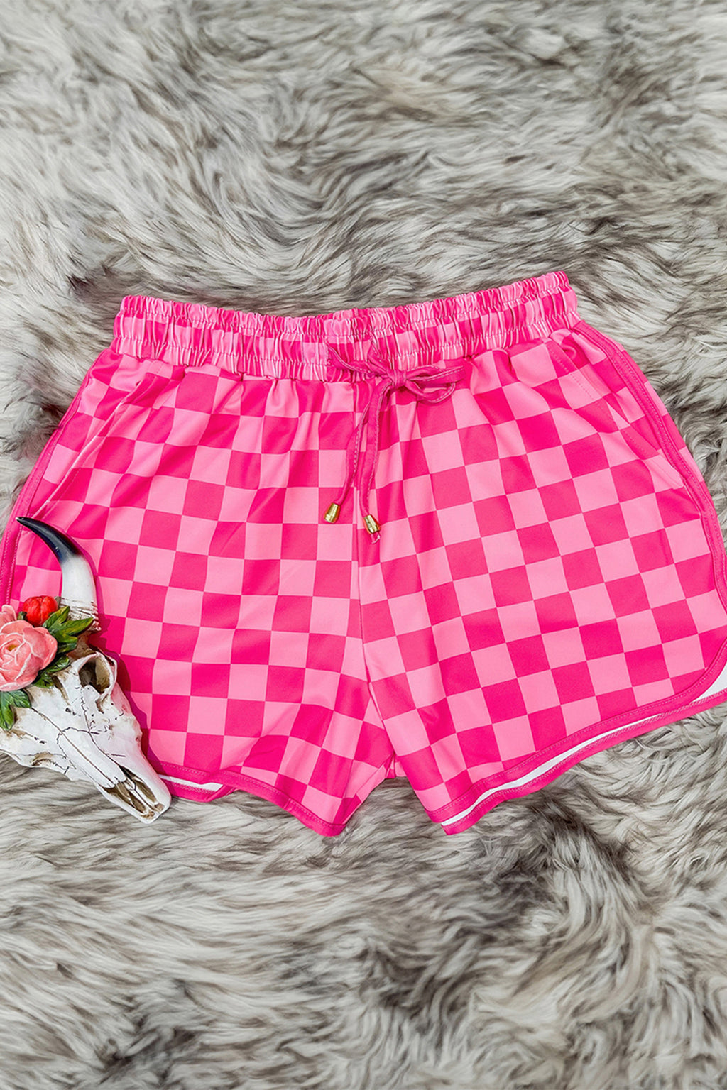 Rose Checkered Drawstring Elastic Waist Casual Shorts