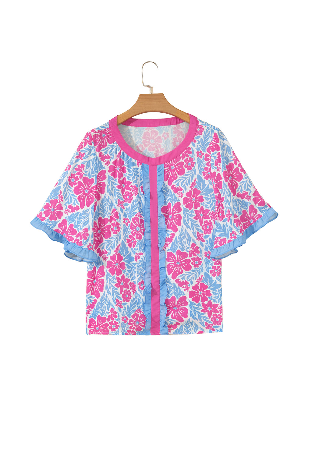 Rose Floral Print Ruffled Color Block Trim Half Sleeve Blouse