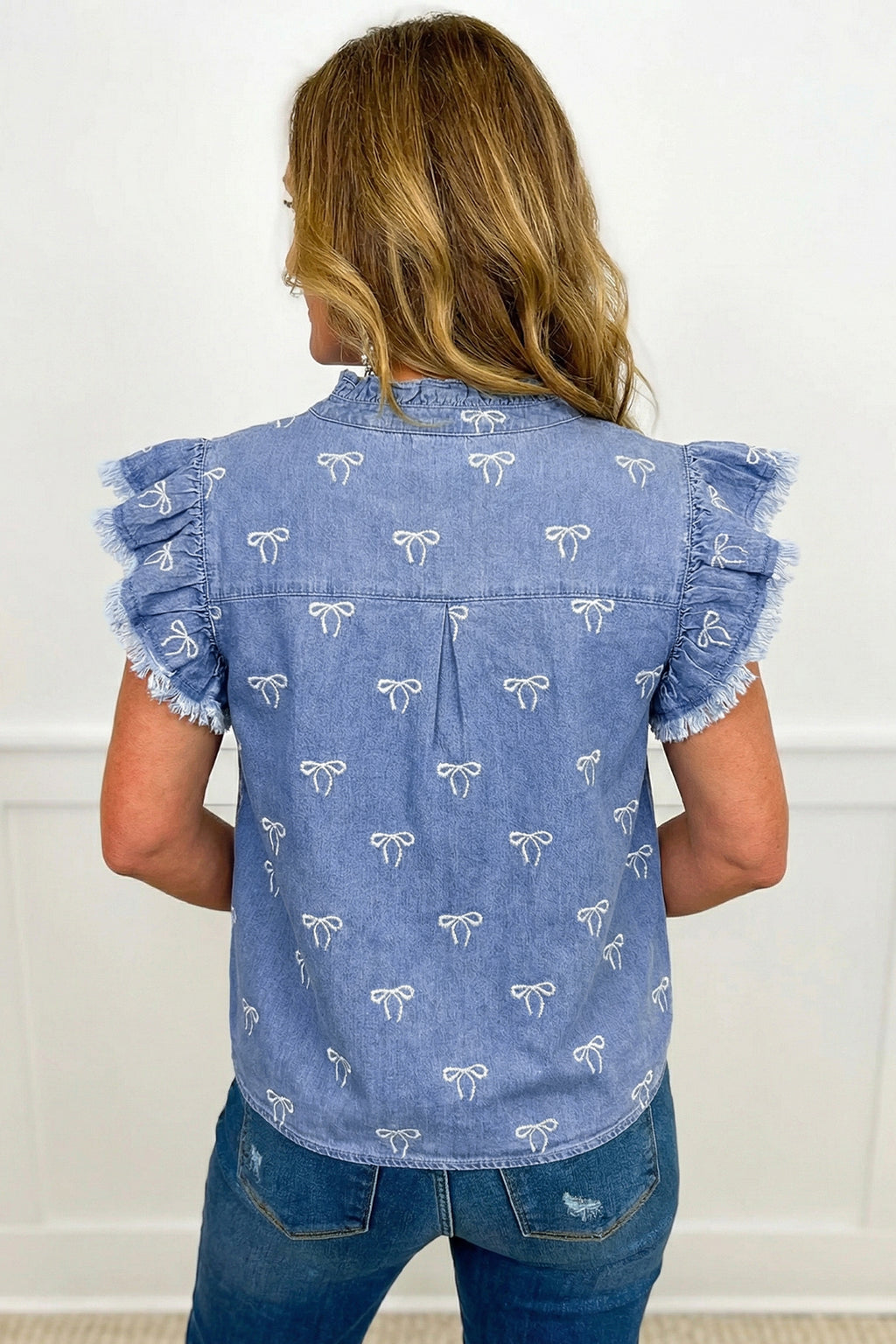 White Frilled Collar Flutter Sleeve Denim Top