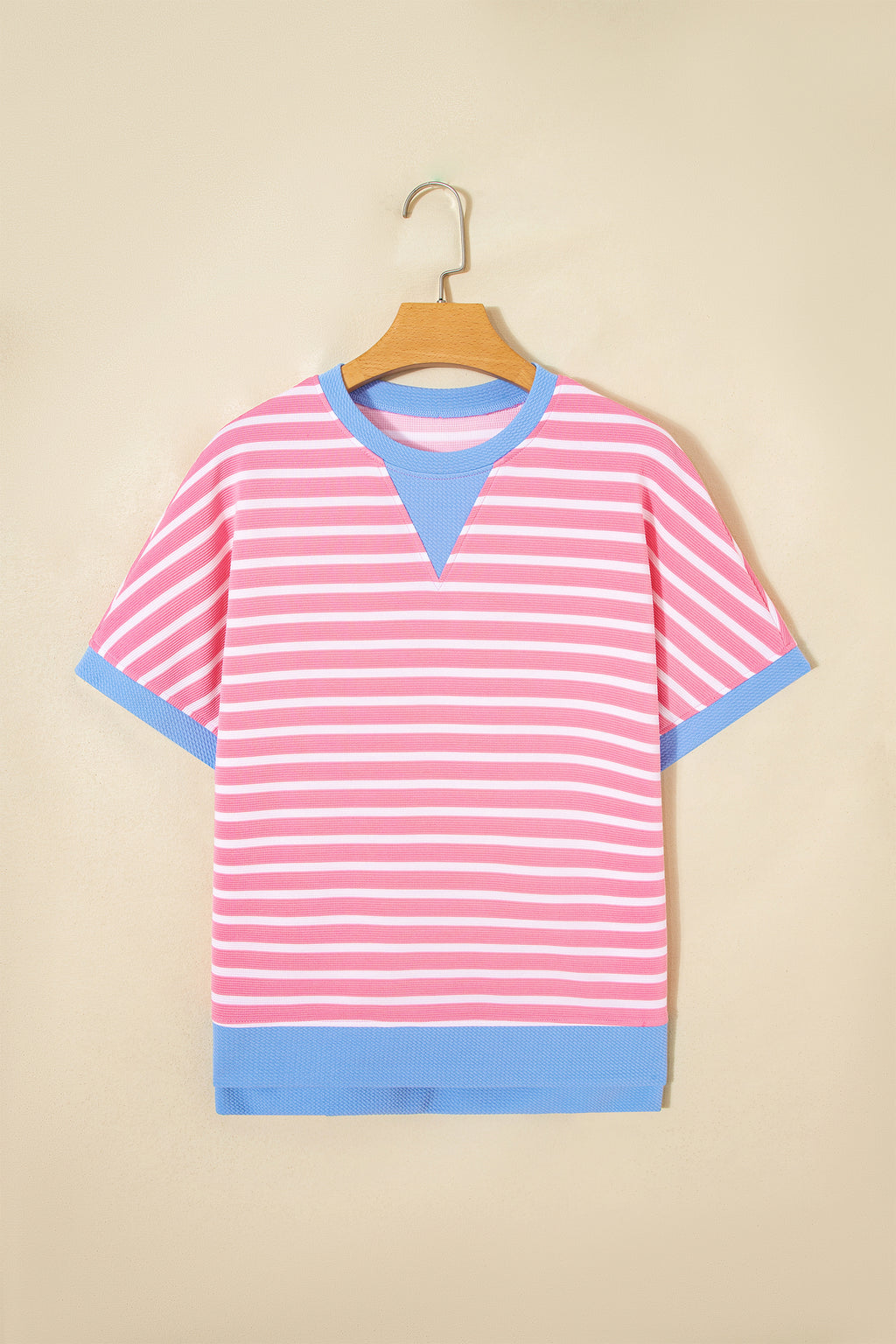 Sky Blue Stripe Contrast Trim Loose Short Sleeve Top