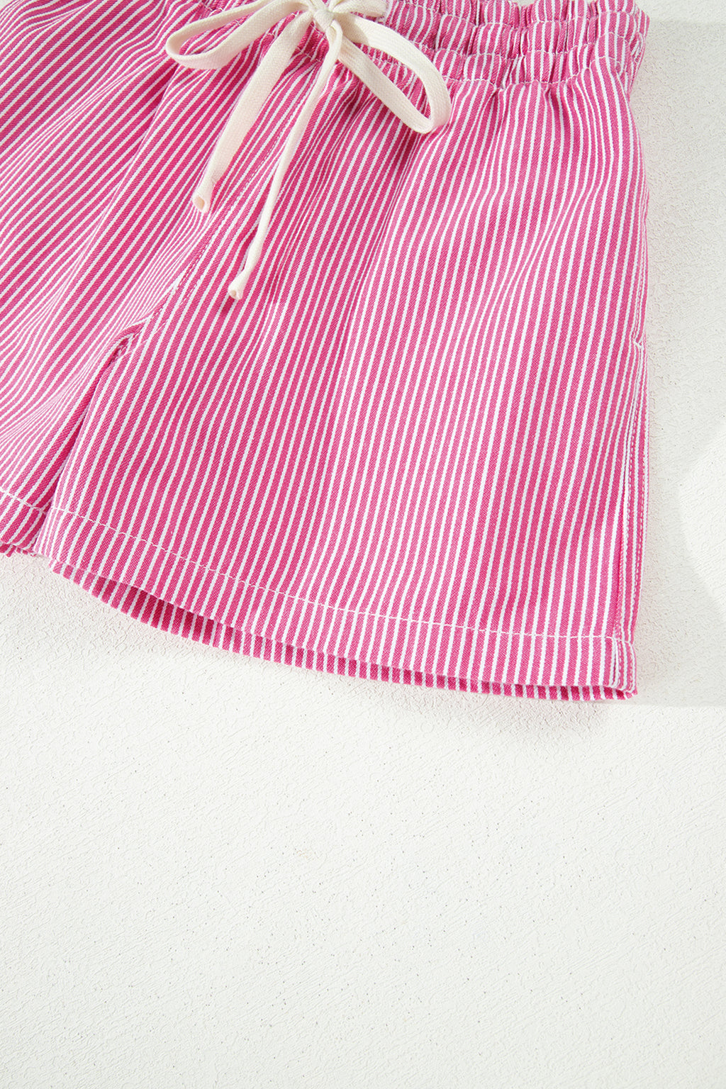 Pink Stripe Drawstring Elastic Waist Casual Denim Shorts