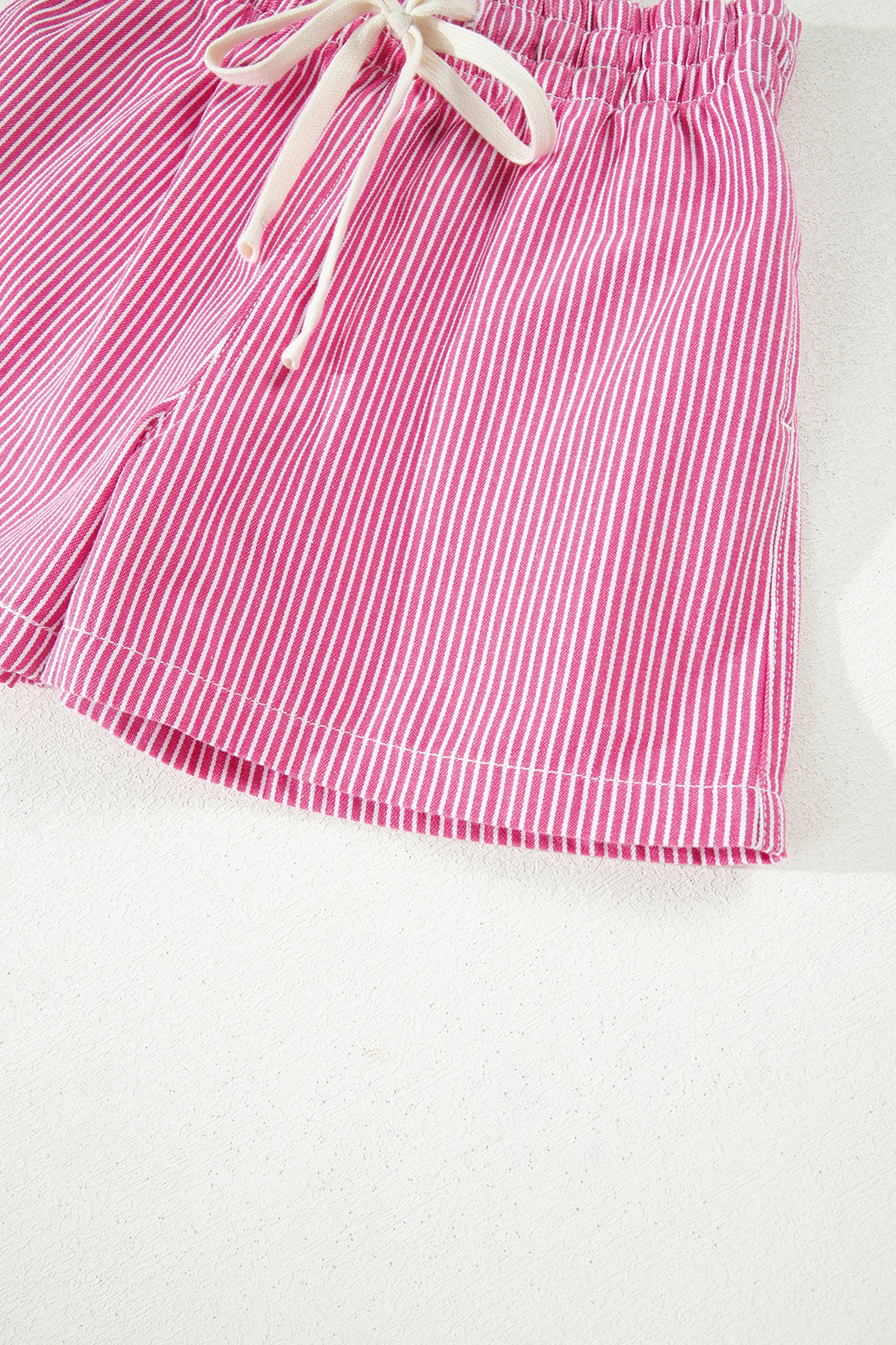 Pink Stripe Drawstring Elastic Waist Casual Denim Shorts