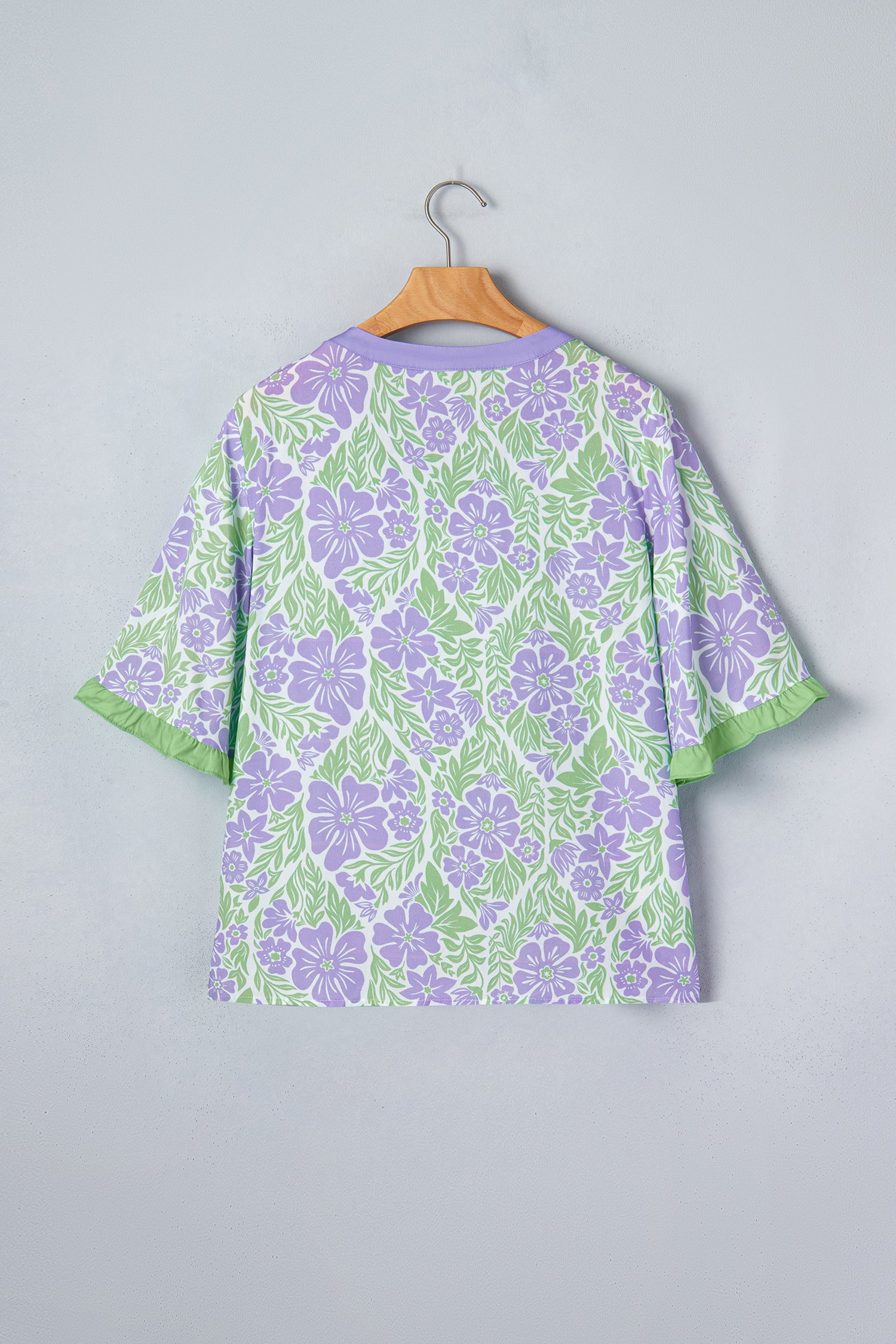 Rose Floral Print Ruffled Color Block Trim Half Sleeve Blouse