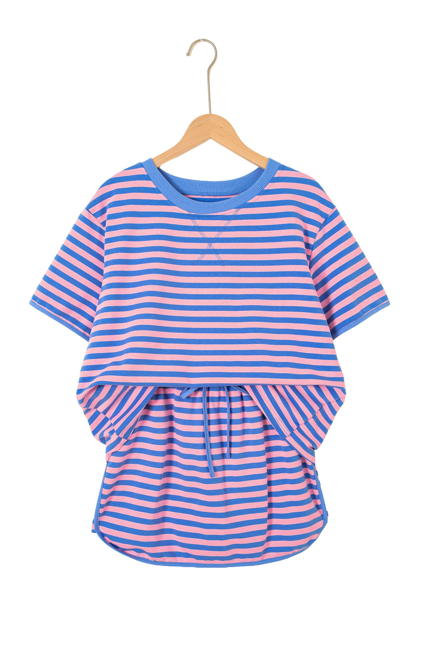 Pink Stripe Loose Short Sleeve Top and Skirt Set