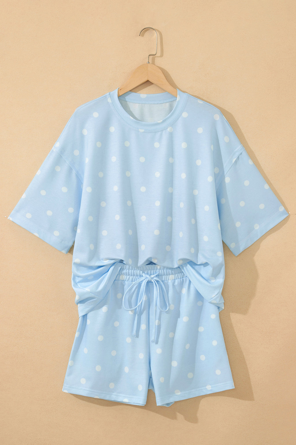 Yellow Exposed Seam Detail Polka Dot Loose Tee Drawstring Shorts Set