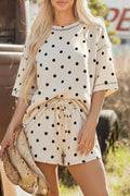 Yellow Exposed Seam Detail Polka Dot Loose Tee Drawstring Shorts Set