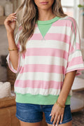 Green Stripe Exposed Seam Ribbed Patchwork Oversized Tee