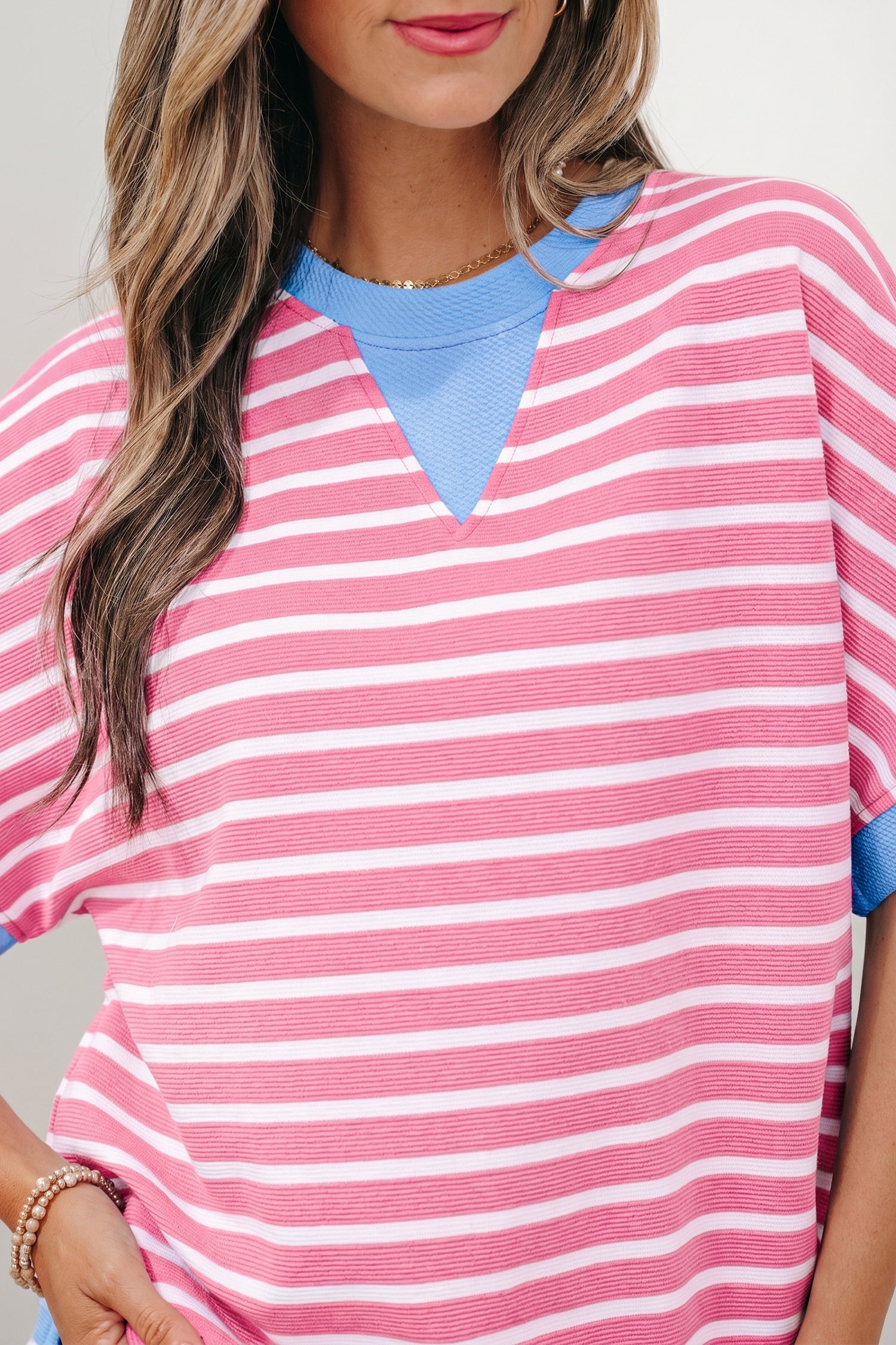 Sky Blue Stripe Contrast Trim Loose Short Sleeve Top